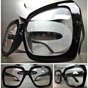 HUGE OVERSIZE 70s VINTAGE Style Clear Lens EYE GLASSES Thick Black Fashion Frame